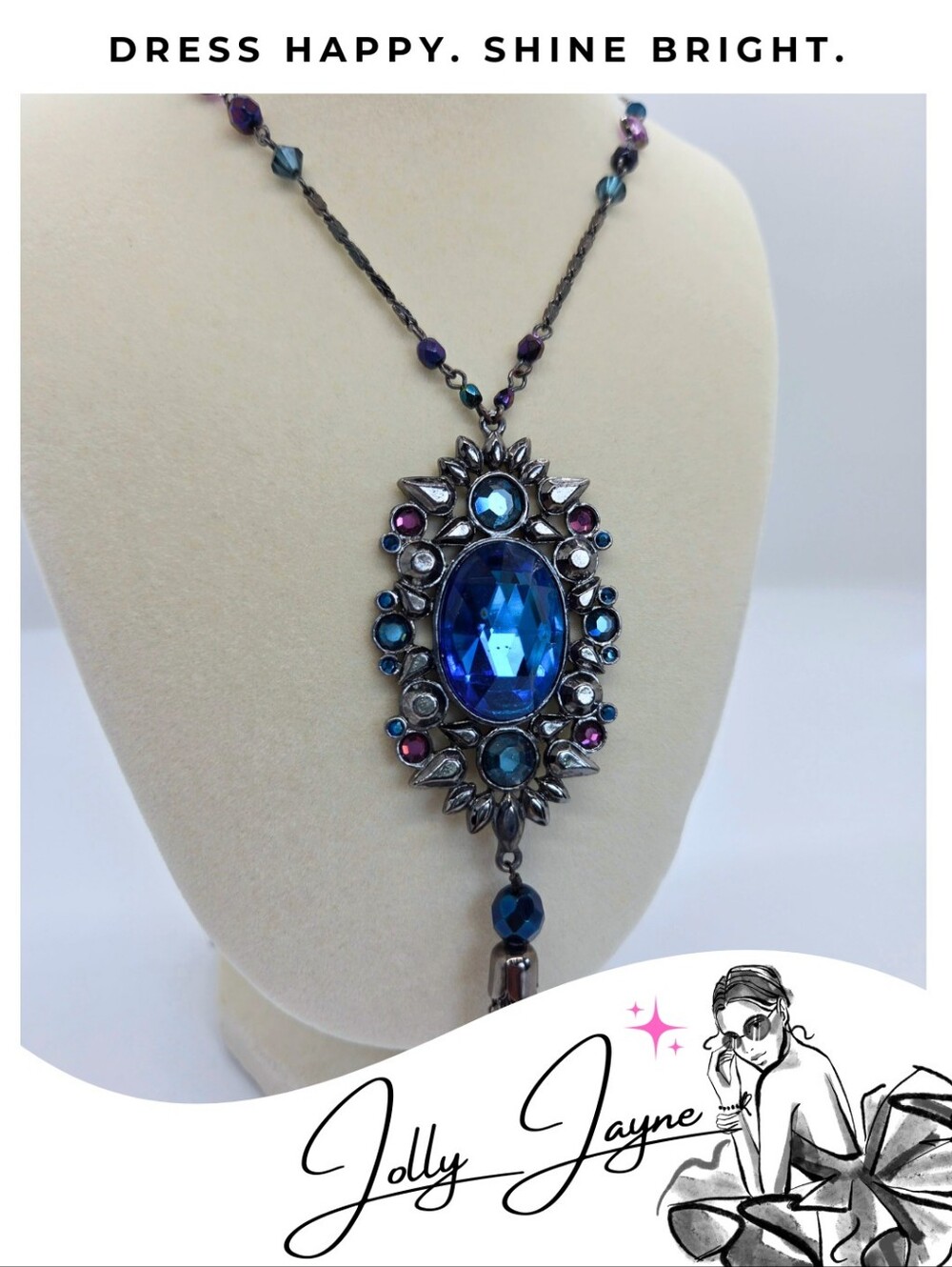 Archival Marks & Spencer Blue and Purple Crystal Pendant Necklace with Tassel